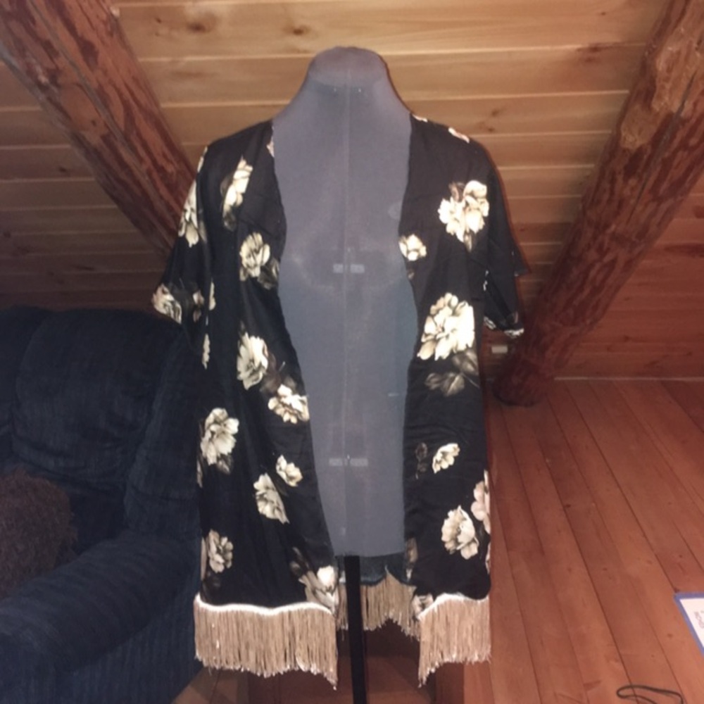 Floral kimono black floral with fringe/ swim cover up! Size large